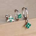 Macro detail of three-piece silver earring set with green clover cubic zirconia stones - Silver-Green (Y26109-7)