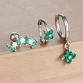 Detail of silver clover earrings set featuring emerald green stones and zircon accents - Silver-Green (Y26109-9)