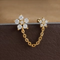 Élégante boucle d'oreille double piercing dorée avec fleurs en zircon et chaîne lien - Style Fleur à Cinq Pétales / Or(Y20486-2)