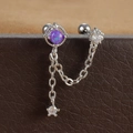 Boucle d'oreille double piercing en acier avec opale violette, zircon étoile et chaînes - Argent(Y20486-3)