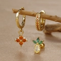 Detail of clover and fruit earrings set with orange and yellow zircon on wood - Pineapple Style (Y26118-2) / Gold