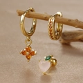 Three-piece gold clover zircon earring set featuring orange floral charms and pink heart studs - Pink Fruit (Y26118-5) / Gold
