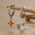 Detailed macro view of clover and fruit earrings set with colorful cubic zirconia - Pink Fruit (Y26118-5) / Silver
