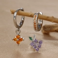 Detail of clover and grape charms with zircon stones on silver earrings over silk - Grape Style (Y26118-8) / Silver