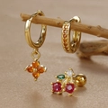 Detail of clover earrings and cherry stud set with colorful zircon on wood branch - Cherry Charm (Y26118-12) / Gold