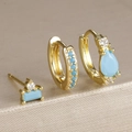 Set de 3 pendientes dorados con turquesa y circonitas blancas en formas geométricas - Dorado-Azul