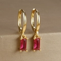 Macro detail of S925 hallmark on gold plated earring with red rectangular zircon drop - Rectangular Gemstone Hoop (Y20278) / Gold-Red