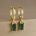 Detail showing gold plated emerald green zircon earrings against silk background texture - Rectangular Gemstone Hoop (Y20278) / Gold-Green