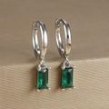 Macro detail of emerald green zircon rectangle drop earrings in silver finish - Rectangular Gemstone Hoop (Y20278) / Silver - Green