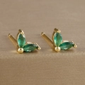 Close-up of golden leaf earrings with marquise-cut green zircons in a vintage luxury style - Marquise Double Zirconia Leaf Stud (Y20283) / Gold-Green