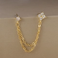Dettaglio di orecchini a catena placcati oro con zircone e quadrifoglio su supporto in metallo - Stile Bianco(E1351) / Pezzo Singolo
