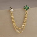 Dettaglio di orecchini a catena placcati oro con quadrifoglio verde e perno in zircone - Stile Verde(E1351) / Pezzo Singolo