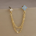 Dettaglio orecchino a catena in oro con fiore in zircone blu e pietra di zircone chiara - Stile Blu Cielo(E1351) / Pezzo Singolo