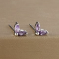 Close-up of luxury flower stud earrings with purple marquise zirconia in silver plating - Marquise Double Zirconia Leaf Stud (Y20283) / Silver-Purple