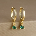 Detailed close-up of gold plated drop earrings with emerald green zircon stones - Round Gemstone Pendant Hoop (Y20301) / Gold-Green