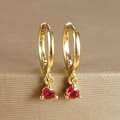 Close-up of gold plated leverback earring with a round red gemstone in 3-prong setting - Round Gemstone Pendant Hoop (Y20301) / Gold-Red