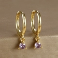 Detailed close-up of golden hoop earrings with lavender cubic zirconia gemstone pendants - Round Gemstone Pendant Hoop (Y20301) / Gold-Purple