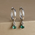 Macro detail of silver drop earrings featuring claw-set round green zircon stones - Round Gemstone Pendant Hoop (Y20301) / Silver - Green