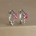 Macro shot of silver earrings with pink zircon flower pattern on champagne surface - Four-petal Flower Hoop (Y20309) / Silver - Red