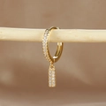 Macro detail of gold hoop earring with micro-p镶 pave zircon drop hanging on wood branch - 1 Piece / Gold - Letter I