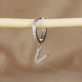 Macro detail of silver letter L pendant earring with micro-paved cubic zirconia - 1 Piece / Silver-Letter V