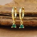 Detailed macro shot of 18k gold plated geometric hoop earrings with green zircon drops - Gold Round Green Zircon Pendant Hoop Earrings (Y20301)