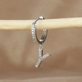 Macro view of crystal letter Y charm earring hanging on a natural wooden branch - 1 Piece / Silver-Letter Y