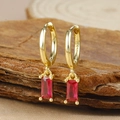 Macro shot of S925 engraved gold-plated hoop earring with a rectangular red gemstone - Gold Rectangle Red Zircon Pendant Hoop Earrings (Y20278)