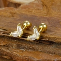 Macro view of gold plated leaf stud earrings with marquise zircons and ball back closure - Gold Three-petal Marquise White Zircon Stud Earrings (Y20284)