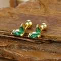 Detail of gold leaf stud earrings with green marquise stones on rustic wood background - Gold Two-petal Marquise Green Zircon Stud Earrings (Y20284)