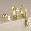Ensemble de trois boucles d'oreilles dorées avec zircons de coupe marquise élégant - Métal Doré Avec Zirconia Blanc (Y26259)