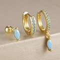 Ensemble de trois boucles d'oreilles dorées avec pierres turquoise marquise et zircons - Métal Doré Avec Zirconia Bleu (Y26259)