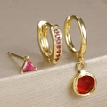 Set of three gold zircon earrings with red and pink gemstones in a minimalist French style - Y26247 Style (Y26247) / Gold-Red