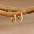Elegantes pendientes de aro dorados con pequeñas circonitas rosas en una rama - Oro Rosa