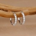 Vista macro de pendientes de aro plateados con cristales en un soporte de madera - Plata