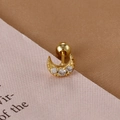 Detail of a golden crescent moon cartilage stud with three white zircons and screw ball back - Gold Moon Style (60049-14) / Gold