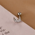 Macro detail of silver crescent moon cartilage stud earring with cubic zirconia inlay - Silver Moon Style (60049-14) / Silver
