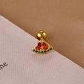 Detailed macro view of watermelon-shaped earring with red gems and green crystals - Gold Watermelon Style (60075-10)