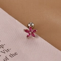 Detail of pink zircon flower earring with marquise petals and silver screw back ball - Silver Red Flower Style (60126)