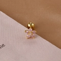 Detailed macro view of pink zircon flower stud earring with gold screw ball back - Gold Pink Flower Style (E1078)