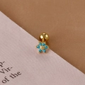 Macro detail of gold flower stud earring with turquoise beads and screw-on ball back - Gold Sky Blue Flower Style (E1240-3)