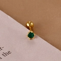 Macro shot of gold stainless steel stud earring with round green zircon and ball screw back - Gold Green Gem Style (E1357-1)