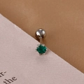 Close-up of green zircon stud earring with silver screw ball back for cartilage piercing - Silver Green Gem Style (E1357-1)