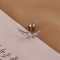 Macro shot of silver crescent wing barbell stud earring with clear zircon and screw-back ball - Silver Curved Gem Style (Y26278-1)