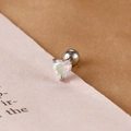 Macro detail of heart-shaped opal cartilage stud with three-prong setting and ball back - Silver White Heart Iridescent Style (Y26466)
