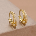 Detailed macro view of 18k gold plated double hoop earrings with cubic zirconia inlay - Double Hoop Pave Style-Gold (Y26833)