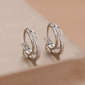 Detailed macro view of silver double hoop earrings with pave-set zircon stones - Double Hoop Pave Style-Silver (Y26833)