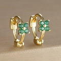 Gold plated brass hoop earrings featuring floral clover design with green zircon stones - Four-petal Flower Hoop (Y20309) / Gold-Green