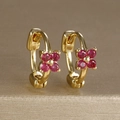 Gold plated brass earrings with pink zircon flower charms and small round hoops - Four-petal Flower Hoop (Y20309) / Gold-Red