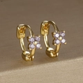 Gold-plated brass hoop earrings with lavender zircon floral charms for women - Four-petal Flower Hoop (Y20309) / Gold-Purple
